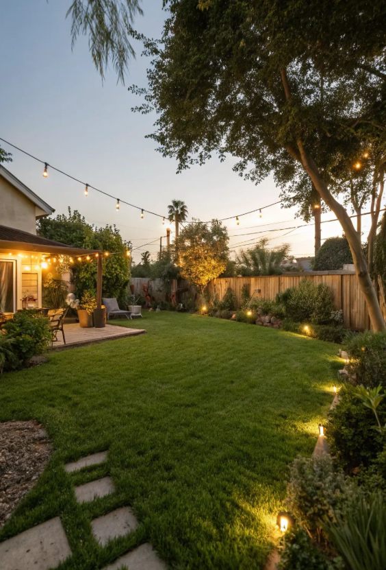 A back garden at dusk with string lights over the patio and uplit planting borders.
