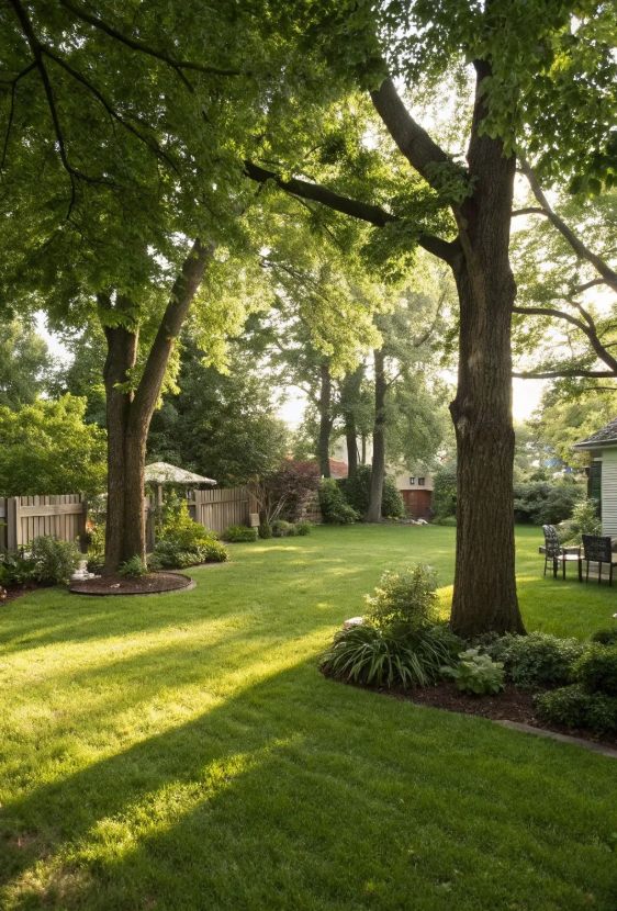 A wide shaded back lawn under mature trees with mulched tree rings and patio seating.