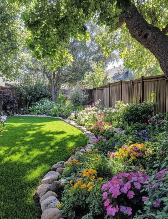 A curved lawn edged in river rock beside a deep border of mixed flowering plants.